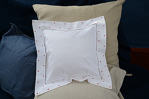 Square Hemstitch Baby Pillow 12"x12" Red color Swiss Polka Dots